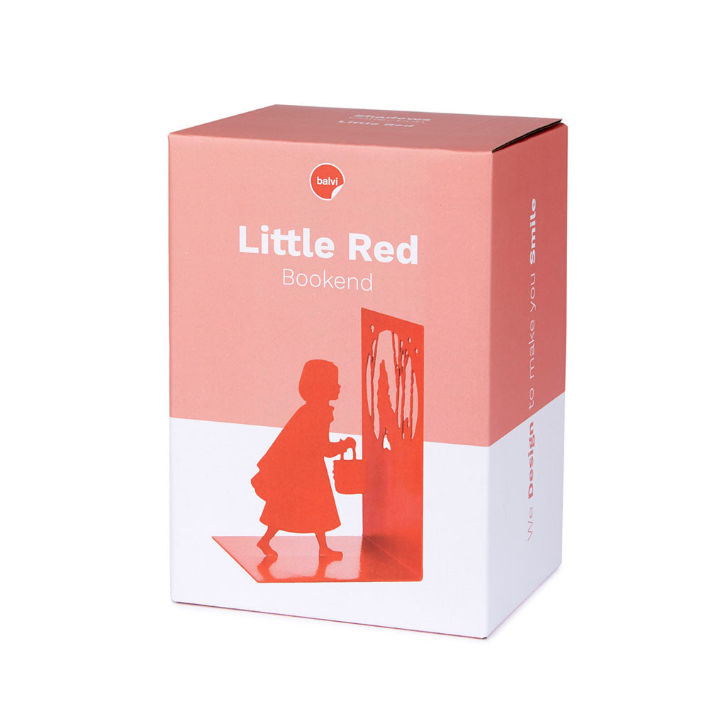 Little Red Bookend: the pink and white packaging box showing the bookend with books.