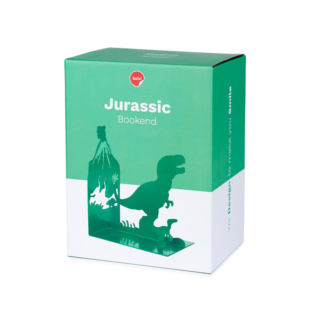 Jurassic Bookend: the green packaging box showing the dinosaur and the volcano.