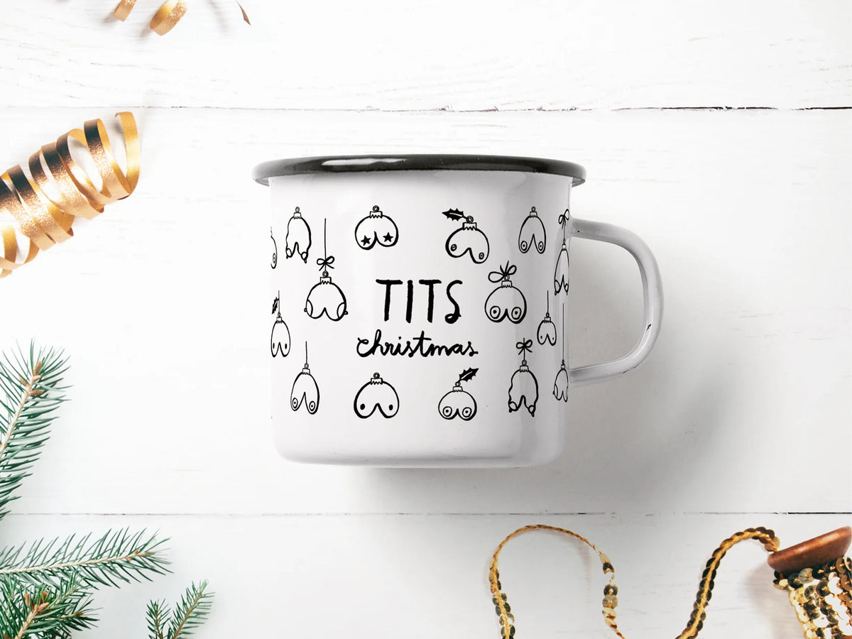 The Tits Christmas mug seen from a slightly different angle, in the same Christmas styling.