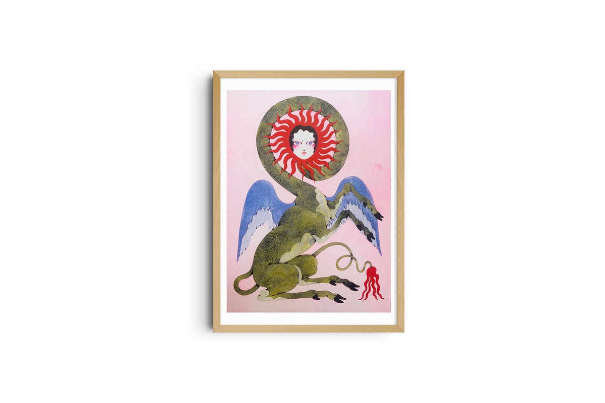 The Angel poster shown full length in a light wood frame, winged creature on a pink background