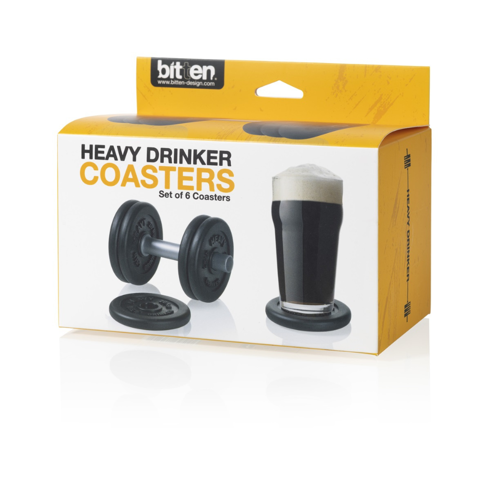 Dumbbell coasters, packaging showing illustrations of the six-piece coaster set.