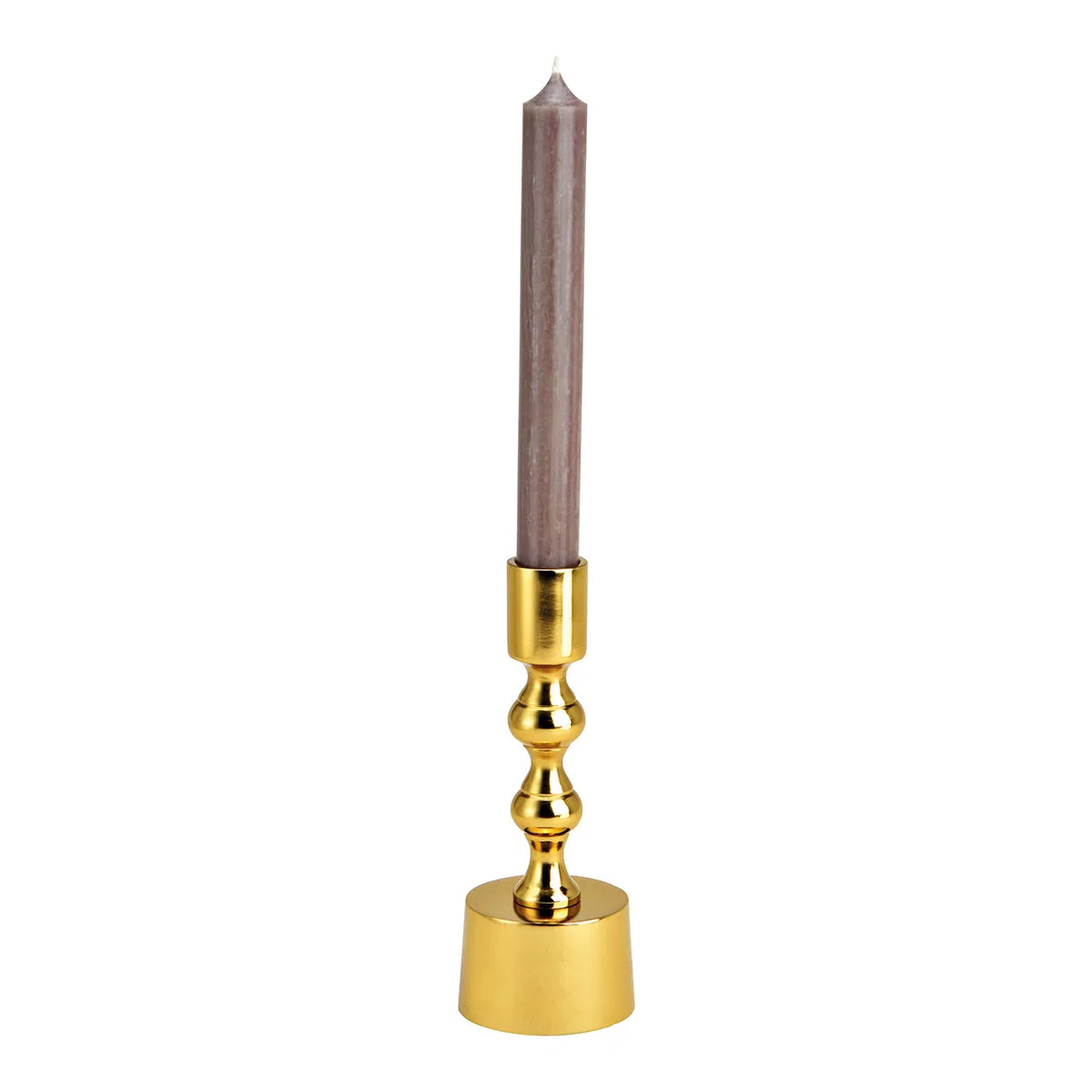 Portacandele Goldy: a gold column candlestick with a round base, holding a taupe candle.