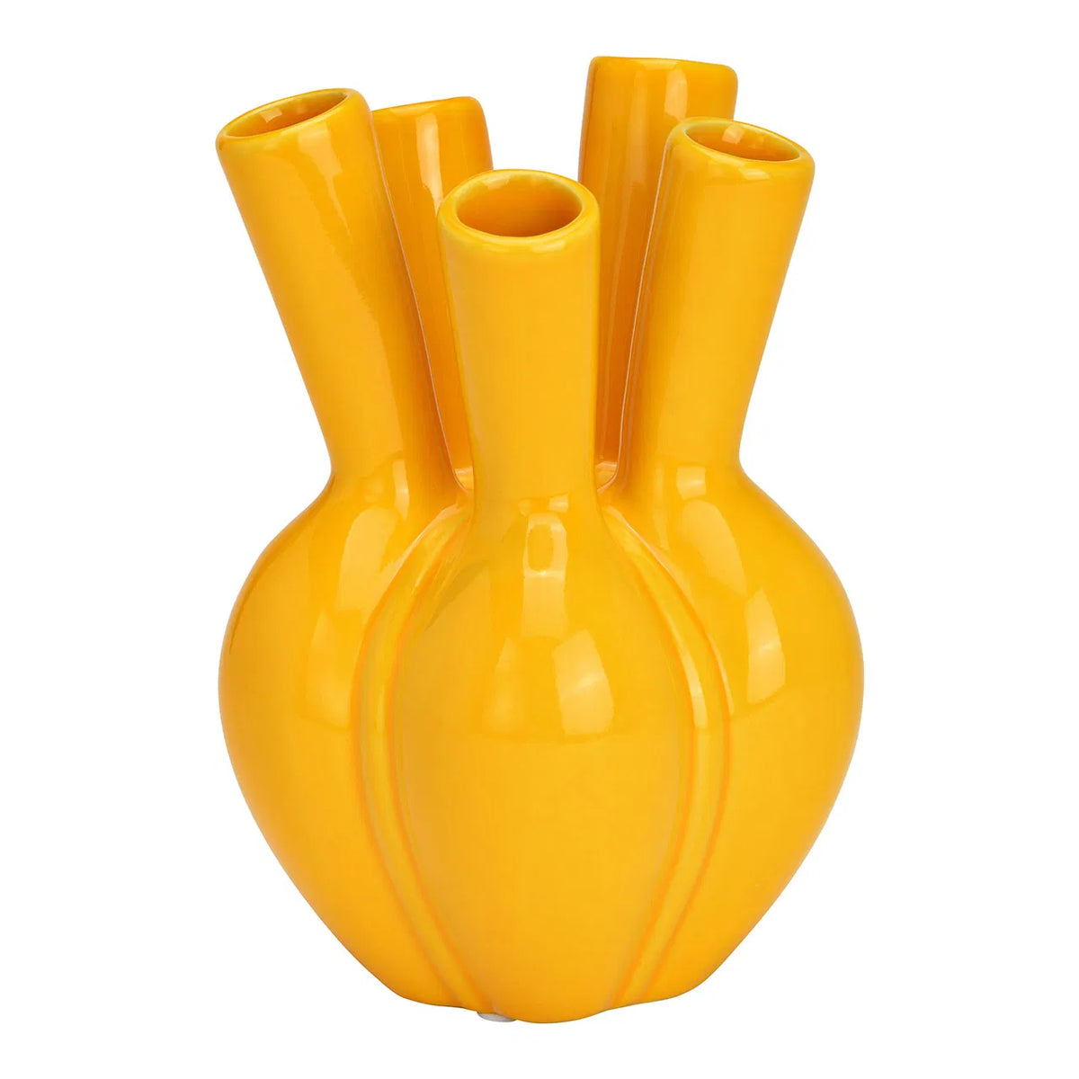 Vaso Aglio Giallo: the same five-opening fan-shaped vase, in yellow, holding yellow pom-pom flowers.
