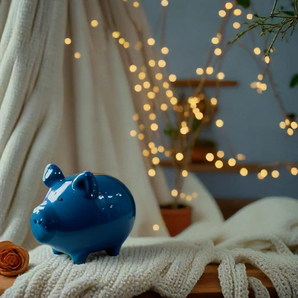 The blue Piggy money box styled in a cosy scene with fairy lights and a knitted blanket.
