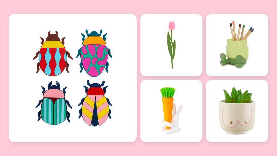 Idee regalo di Natale sotto i 15 euro: sottobicchieri scarabei, segnalibro tulipano, portamatite Mr Sitty, spazzola coniglietto e mini vaso Girl Power