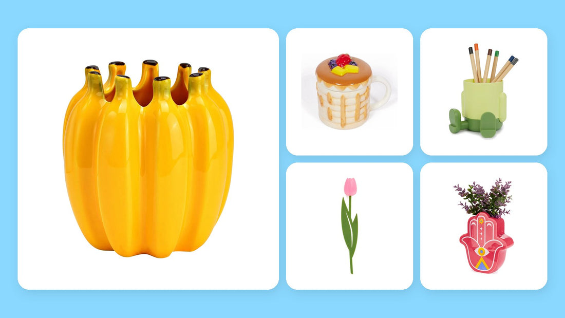 Idee regalo sotto i 30 euro: vaso a casco di banane, tazza pancake, portamatite Mr Sitty, segnalibro tulipano e vaso a mano hamsa