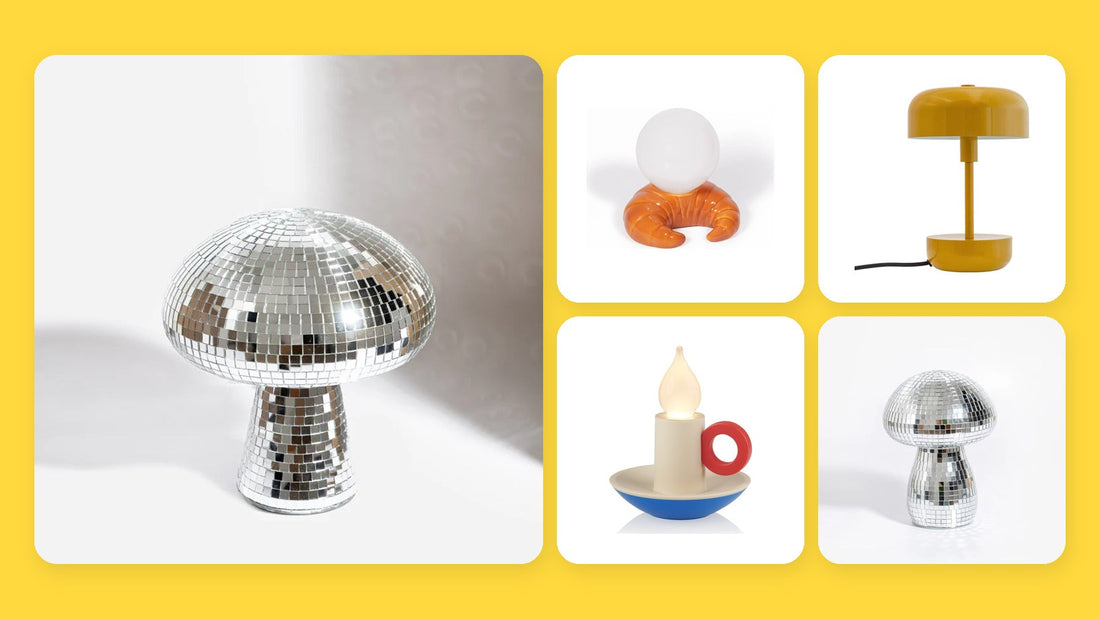 Lampade particolari: lampada fungo a specchi da discoteca, lampada croissant, lampada Haipot, lampada candela Memphis e mini lampada fungo