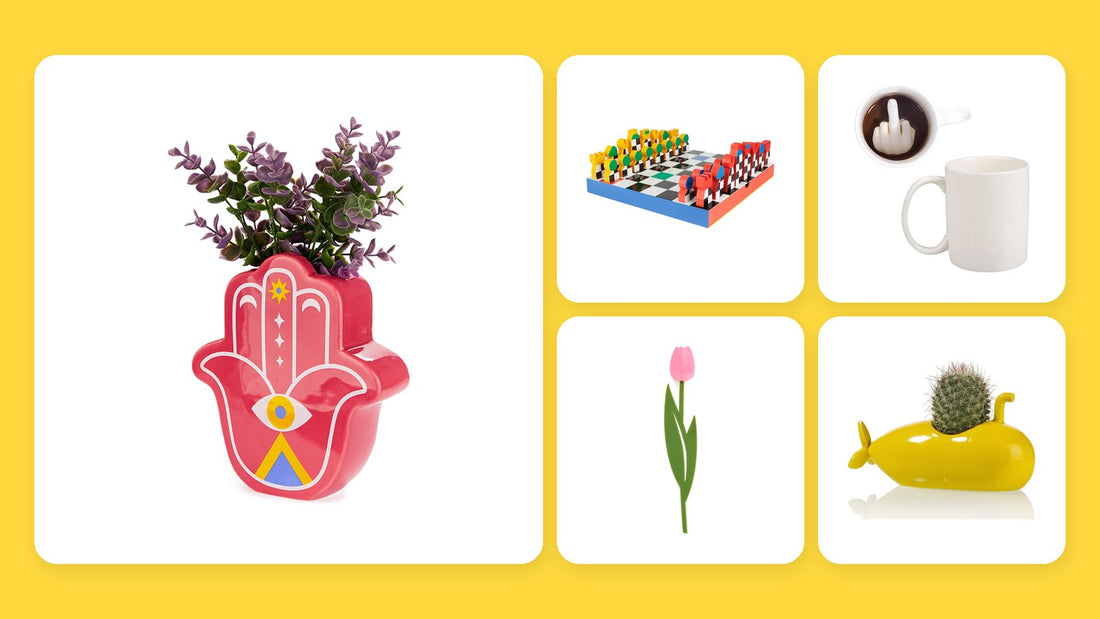 Regali di compleanno originali: vaso a mano hamsa, scacchiera Hey Chess, tazza con il dito medio, segnalibro tulipano e vaso sottomarino giallo