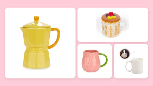 Tazze originali: tazza a forma di moka gialla, tazza pancake, tazza tulipano e tazza con il dito medio