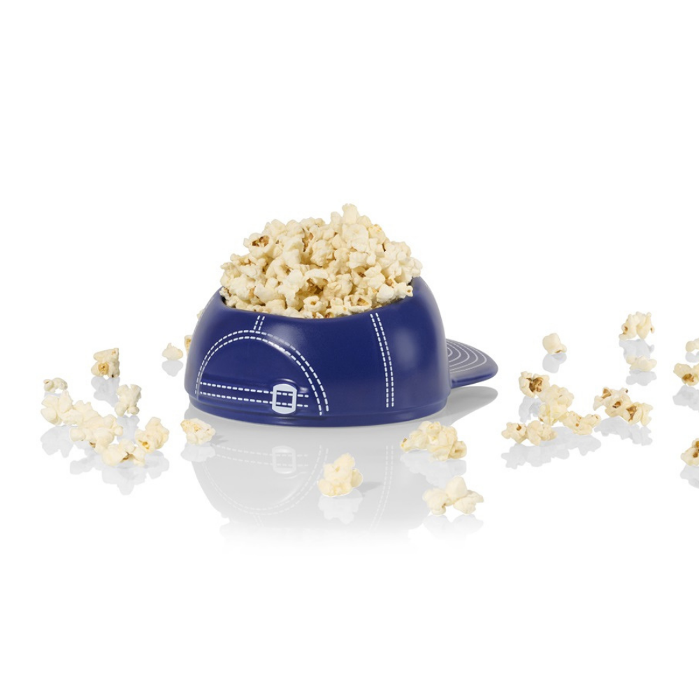 Baseball Cap bowl vase, detail of the white stitching, filled with popcorn.