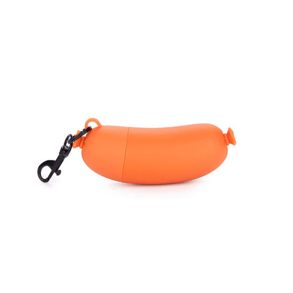 Hot Dog poop bag holder shaped like an orange sausage, with a black clip, on a white background.