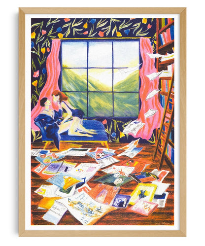 Poster Paper Jam: poster incorniciato con una coppia sul divano e fogli sparsi sul pavimento