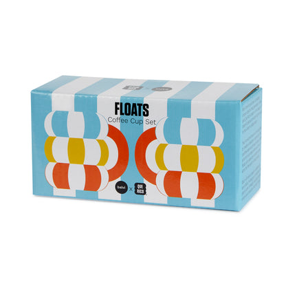 Float cup set, the box in light-blue stripes with the two mugs printed on it
