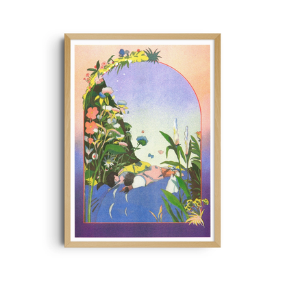 Poster Sogno Totoro: poster incorniciato con un arco di fiori e foglie intorno a due figure sdraiate