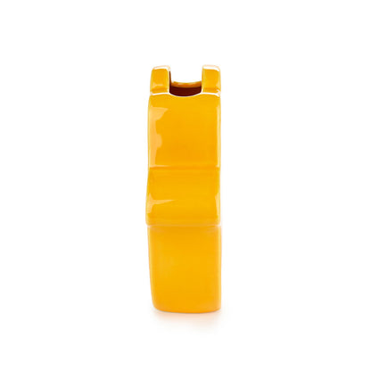 Yellow Lucky Hand vase seen in profile, without the face design