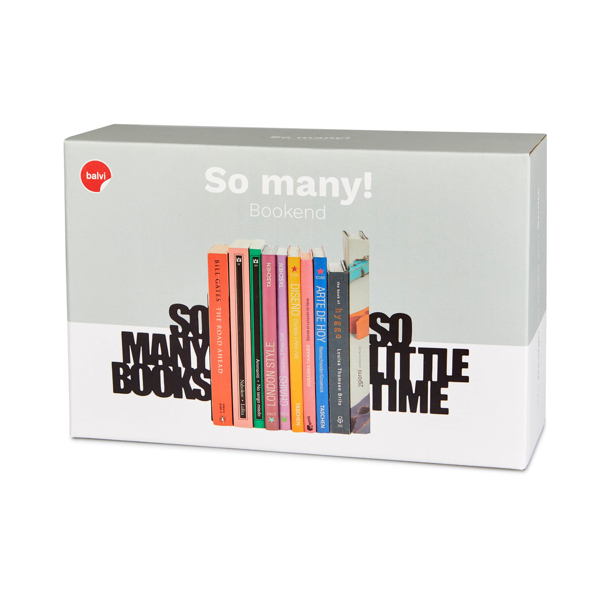 So Many! Bookend: the grey packaging box showing the colourful books and lettering.