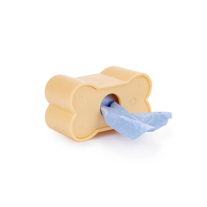 Peach Biscuit dog waste bag holder, open with the light-blue bag coming out