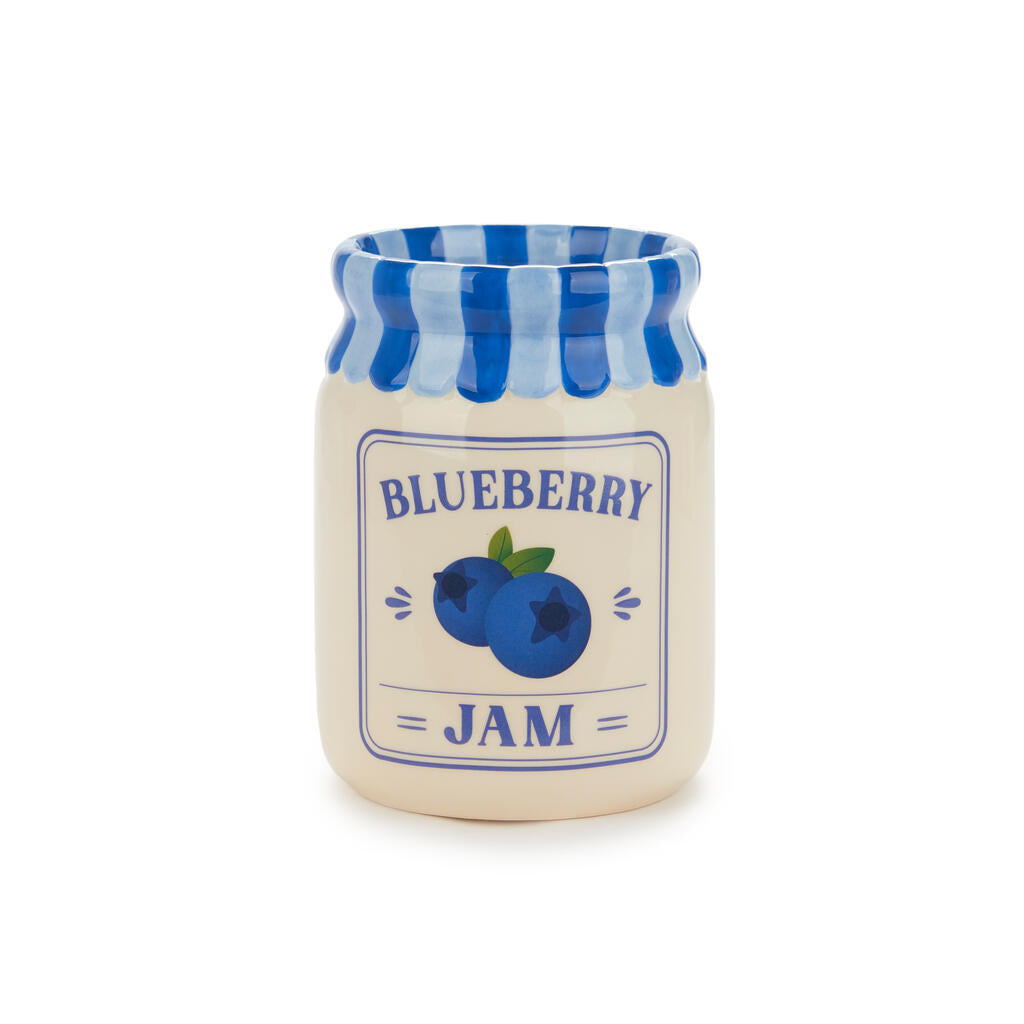 Jam vase, blueberry version with no flowers, on a white background