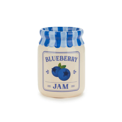 Jam vase, blueberry version with no flowers, on a white background