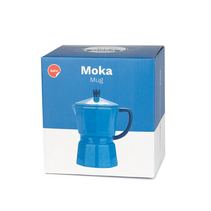 Blue Moka mug filled with coffee, lid resting beside it