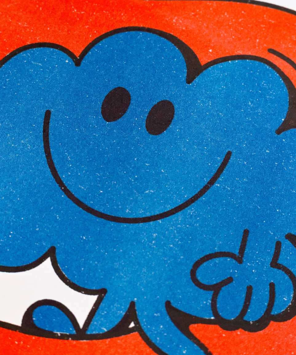 Mr. Daydream poster, close-up on the smiling blue character and its raised hand