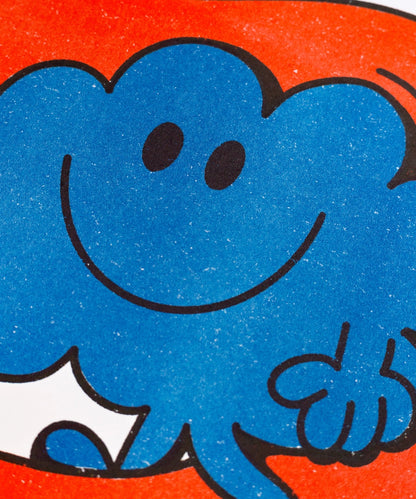 Mr. Daydream poster, extreme close-up on the smiling face of the blue cloud on an orange background.