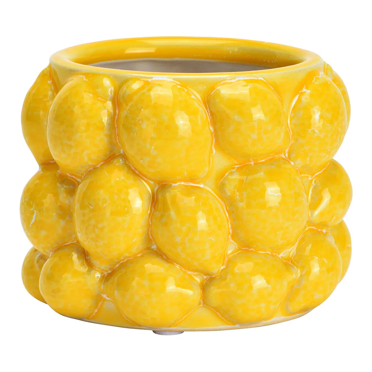 Vaso Limoncino: a yellow vase entirely covered in rounded lemon-like bumps, shown empty.