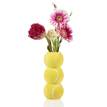 Ace Tennis Ball vase, styled with pink and white gerberas and a willow branch.