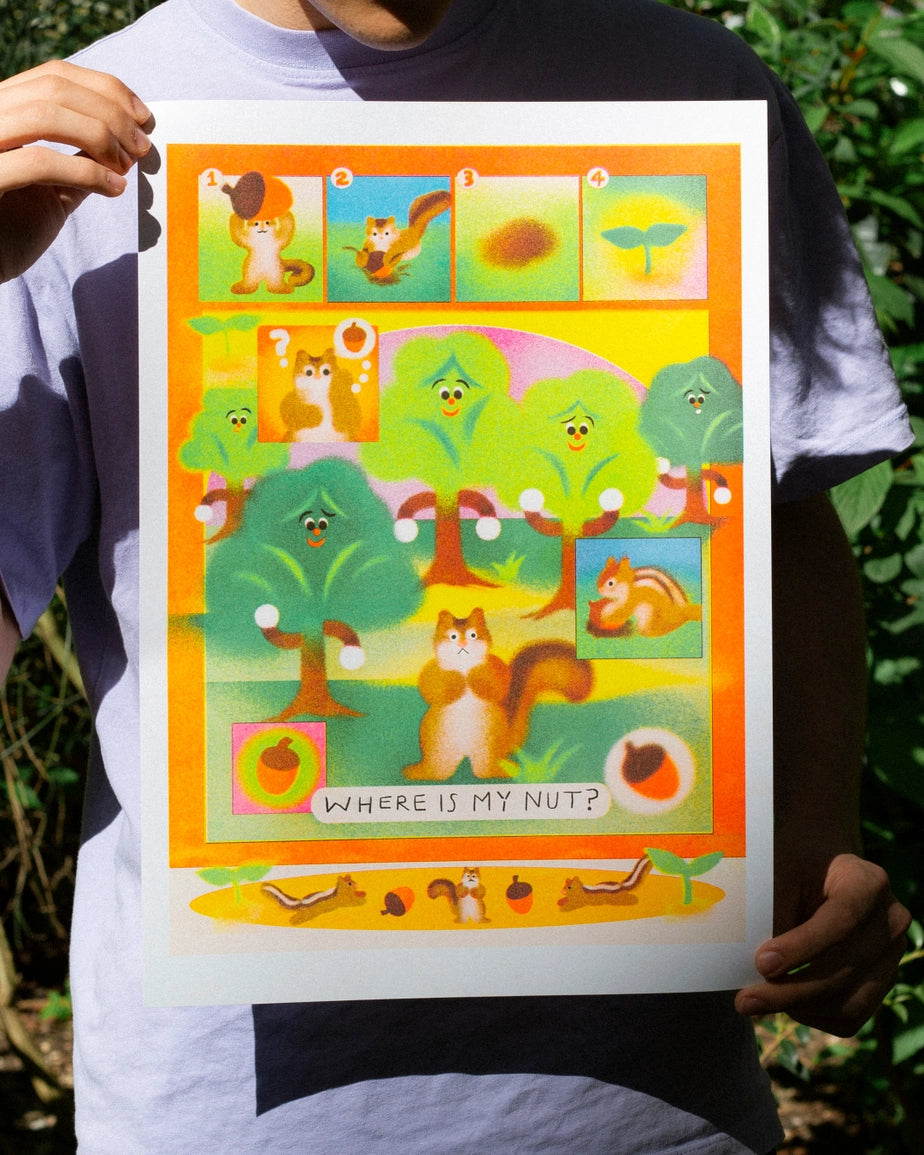 Same poster held up by a person in front of greenery