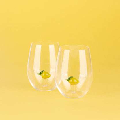 Botanical Lemon glass set, the two glasses side by side on a yellow background