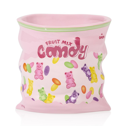 Candy vase in pink shaped like a wrapped sweet, printed with colourful gummy bear illustrations.