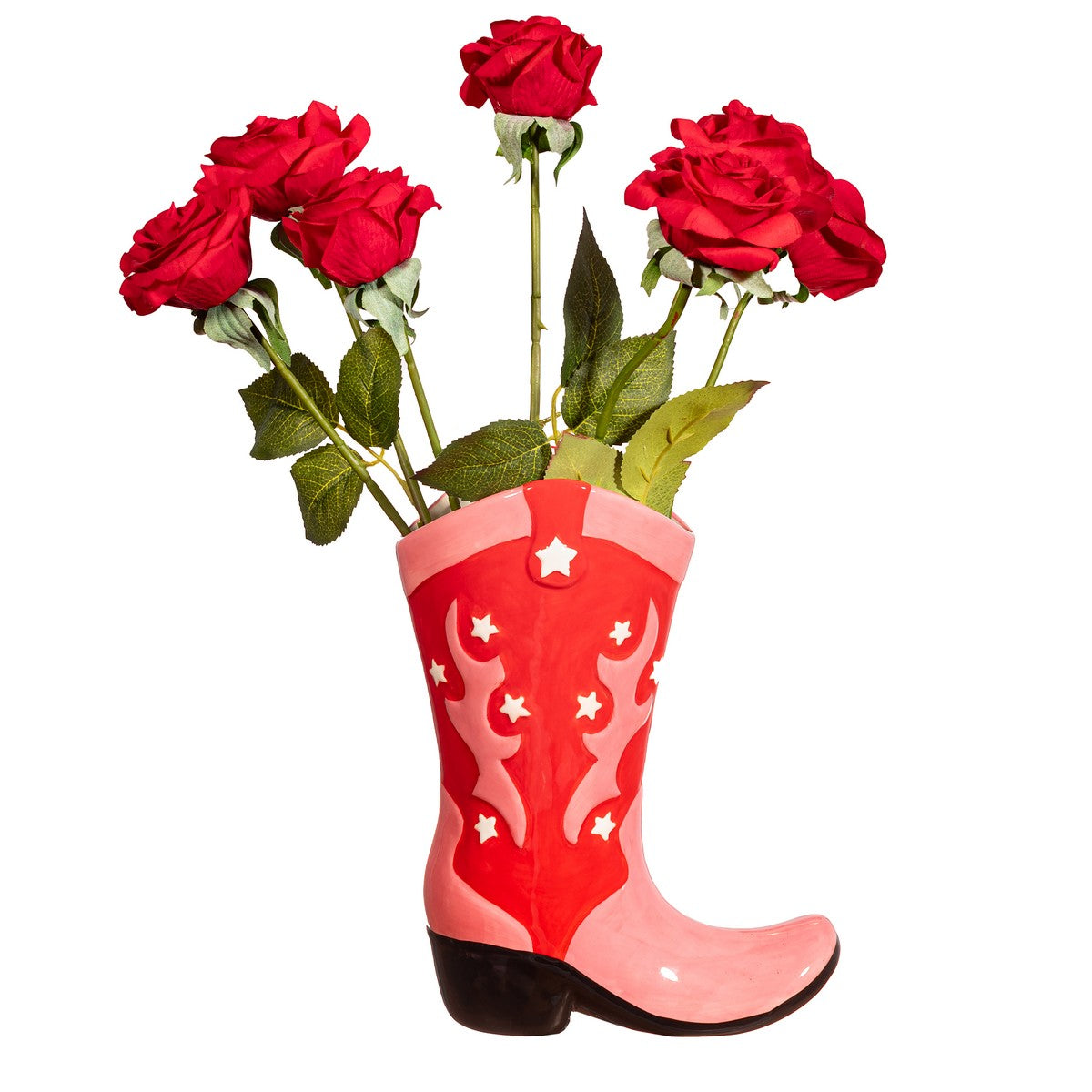 The Rodeo boot vase with a bunch of red roses rising from the top of the boot.