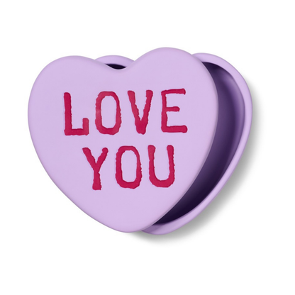 Love You heart-shaped box in lilac, seen at an angle with the lid slightly open.