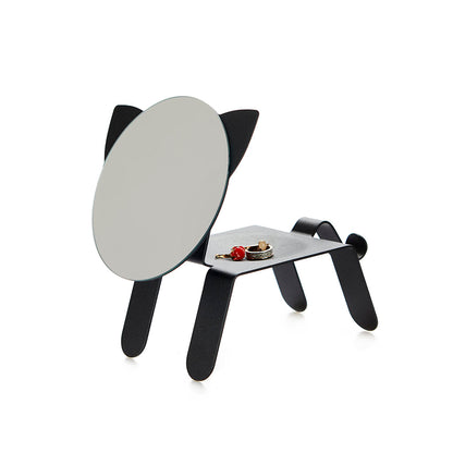 Cat Table Mirror in black metal, with a small shelf holding two rings