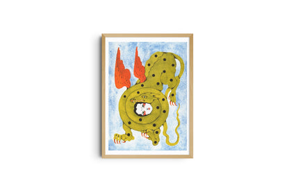 The Kiss poster shown full length in a wooden frame, green winged creature on pale blue
