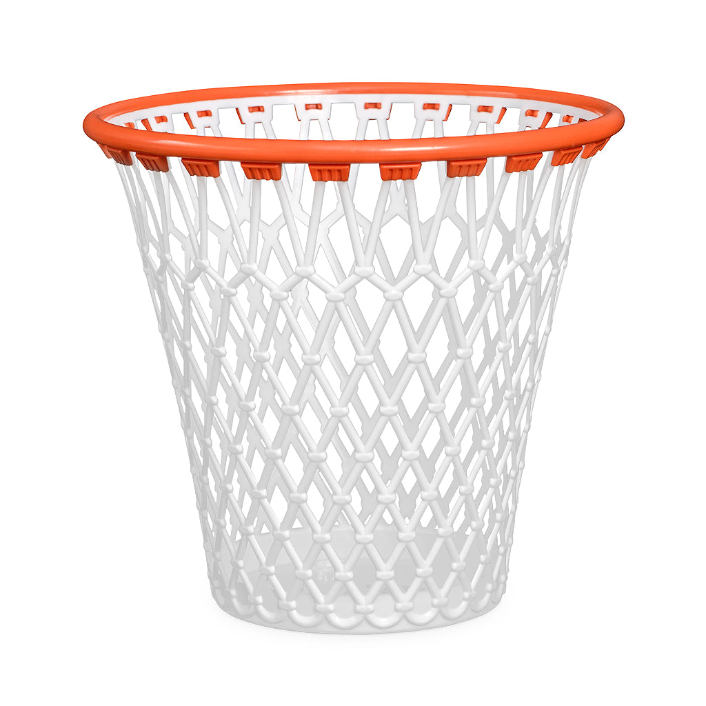 Basket Bin: the empty bin seen from the front, with the orange rim and white netting.