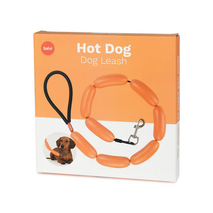 Hot Dog dog leash packaging with a photo of a dachshund and the orange sausage-link leash.