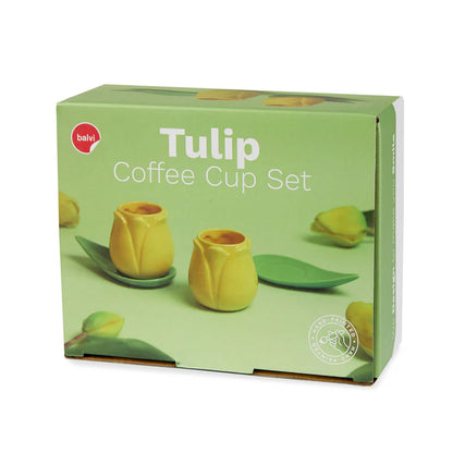 Tulip Coffee Cup Set: the green packaging box showing the yellow tulip cups.