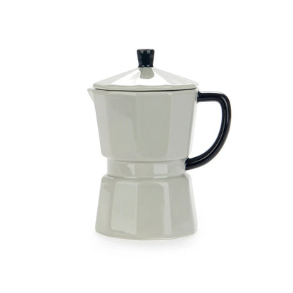 Grey Moka Mug with black handle and lid on, on a white background