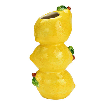 Amalfi Lemons vase in yellow, formed by three stacked lemons with small green leaves, empty.