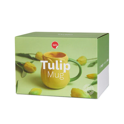 Yellow Tulip mug in its box with yellow tulips