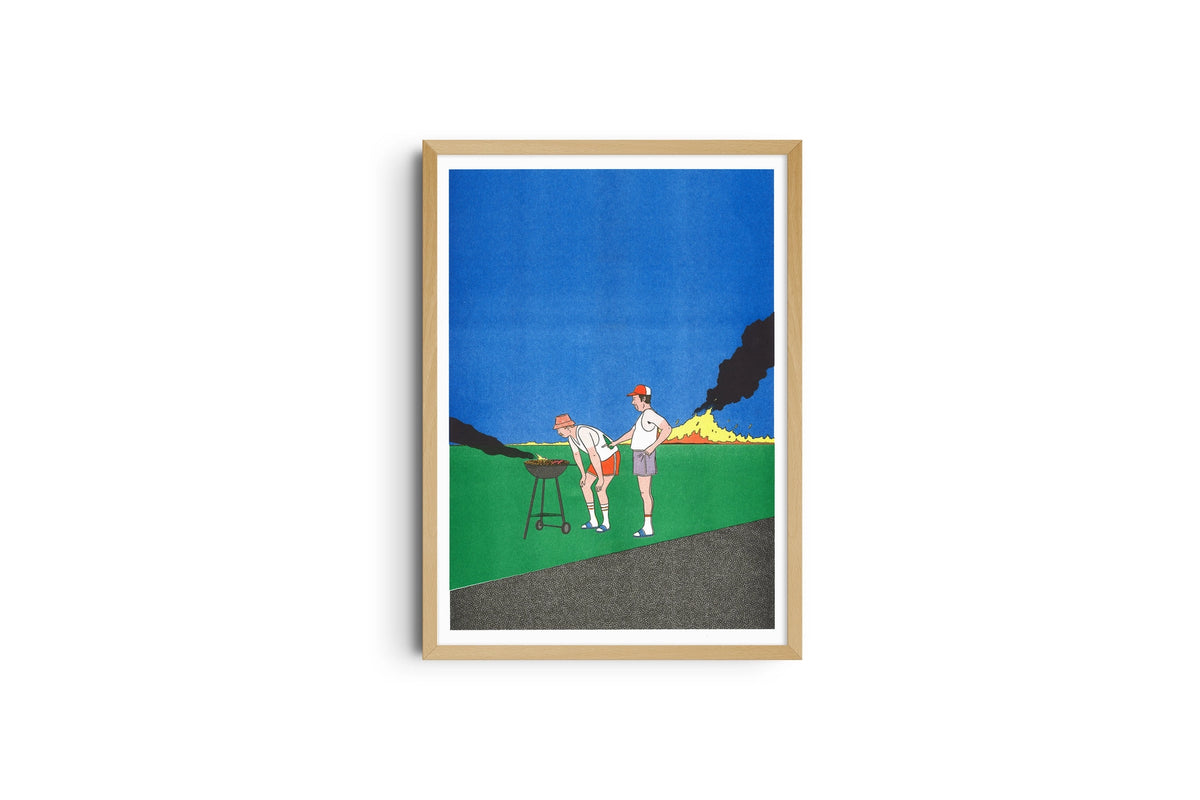 Barbeuc poster shown full length in a light wood frame, two men at a barbecue on yellow