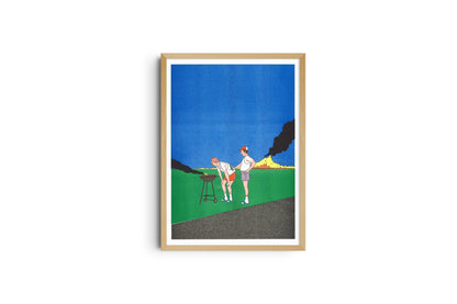 Barbeuc poster shown full length in a light wood frame, two men at a barbecue on yellow