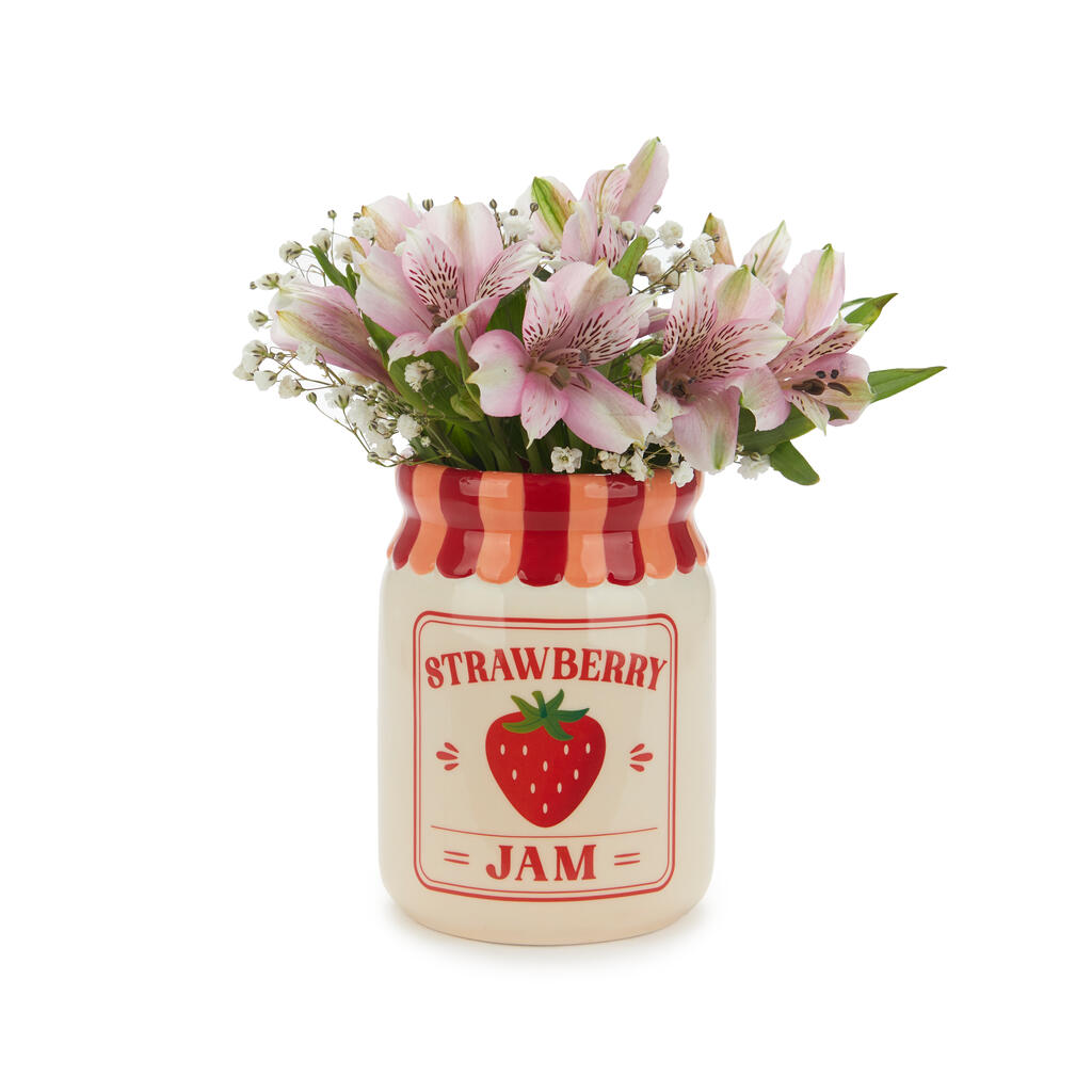 Jam vase, strawberry version with pink flowers, on a red background