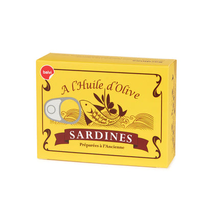 Conserverie Sardines forks packaging shaped like a yellow tin with sardines printed on it.