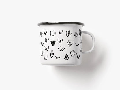 La Tazza Vulvarines vista da un'angolazione diversa, con gli stessi disegni neri sparsi.