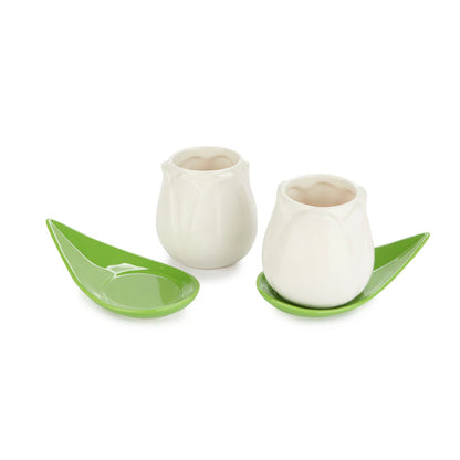Tulip Coffee Cup Set: the white cups placed side by side on green saucers, white background.