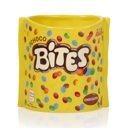 Choco Bites vase in yellow shaped like a bag of colourful chocolate sweets.