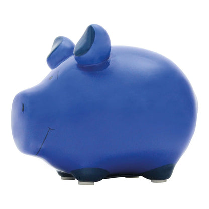Salvadanaio Piggy: a piggy-shaped money box in blue ceramic, seen in profile on a white background.