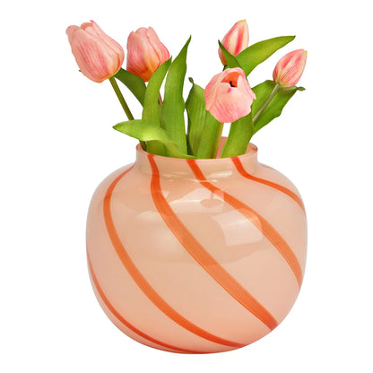 Candy Stripe vase in peach-coloured glass with a bunch of pink tulips.